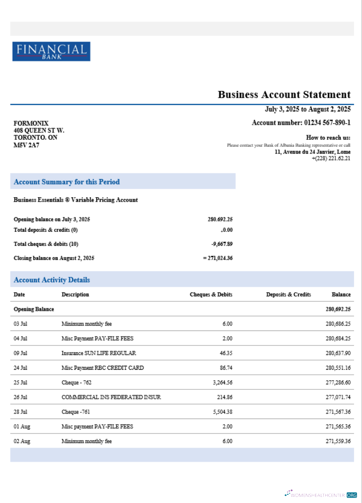 Download Togo Financial Bank corporate account statement Word and PDF template Photoshop template
